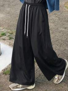 FRIFUL Women's Summer Airport Business Casual Solid Color Drawstring Waist Wide Leg Pants - Black - View 7