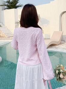 K-Vae Women's Casual Elegant Jacquard Knit Tie Cuff Flare Sleeve Top, Slimming Knit Sweater Blouse - Pink - View 2