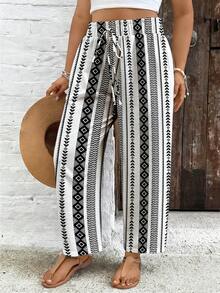 SHEIN VCAY Pantalones sueltos con cintura anudada y estampado geométrico para mujer de talla grande - Blanco y Negro - Ver 5