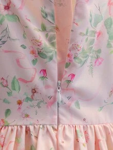 Đầm ngắn tay cổ vuông phối ren in hoa cho bé gái tuổi teen - Hồng - Xem 7
