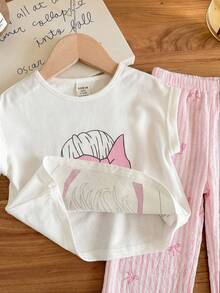 SHEIN LMoss Kids Bộ áo thun ngắn tay và quần dài cạp chun màu xanh dương cho bé gái mùa hè, họa tiết dễ thương. - Nhiều màu - Xem 4