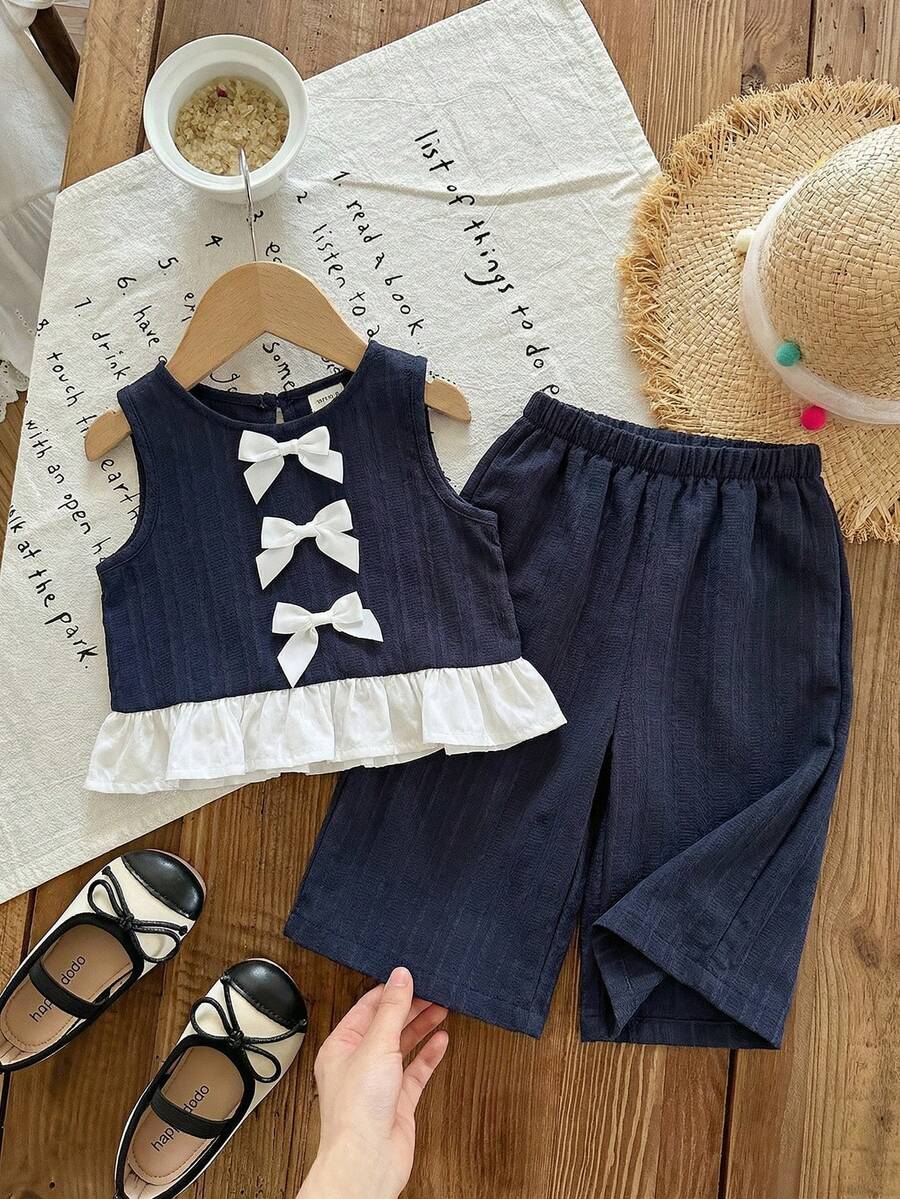 SHEIN LMoss Kids 女宝宝夏季可爱红白格子荷叶边无袖上衣和松紧腰宽松裤套装 - 彩色 - 查看 1