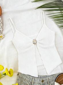 Travachic Solid Color Metal Decor Slit Textured Camisole Tank Top, Vacation Wear,Summer Outfits For Women,Beach Outfits For Woman,Women,Concert Outfit Women,Boho,Summer Top - Apricot - View 1