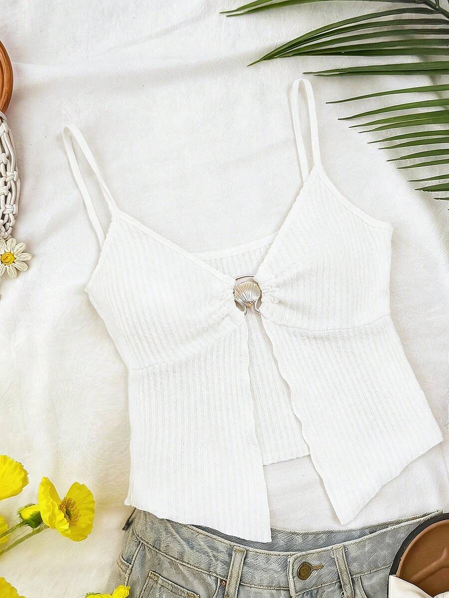 Travachic Solid Color Metal Decor Slit Textured Camisole Tank Top, Vacation Wear,Summer Outfits For Women,Beach Outfits For Woman,Women,Concert Outfit Women,Boho,Summer Top - Apricot - View 1