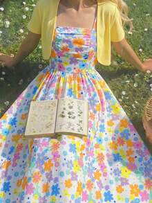 Tween Girl 多巴胺花朵印花长款吊带连衣裙和纯色短款夹克套装 - 黃色 - 查看 3