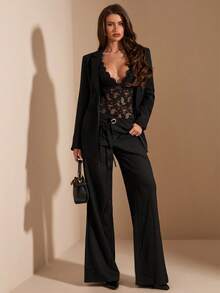 SHEIN BAE Áo liền thân ren đen cổ chữ V sâu xuyên thấu thanh lịch dành cho nữ, thích hợp cho mùa xuân/hè. - màu đen - Xem 3