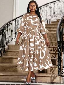 Fleurora 大码女式圆领印花优雅收腰派对连衣裙 - 彩色 - 查看 5