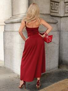 Elenary Edit 女士斜肩修身抹胸连衣裙 - 紅木色 - 查看 2