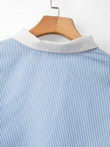GlowEve CURVE Plus Size Women's Elegant Blue And White Striped Long Sleeve Shirt,Horse Decor Pocket,Smart Casual Autumn School Back-To-School Work Casual Outfits - Blue and White - View 6