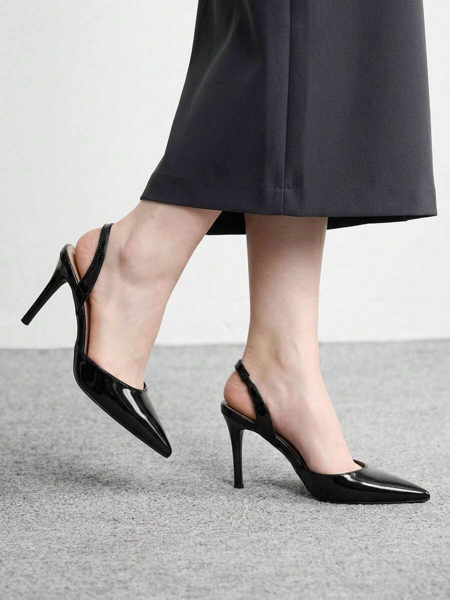 CUCCOO BIZCHIC 女士黑色尖头漆皮后带细高跟鞋，优雅通勤工作鞋，适合办公室穿着 - 黑色 - 查看 1