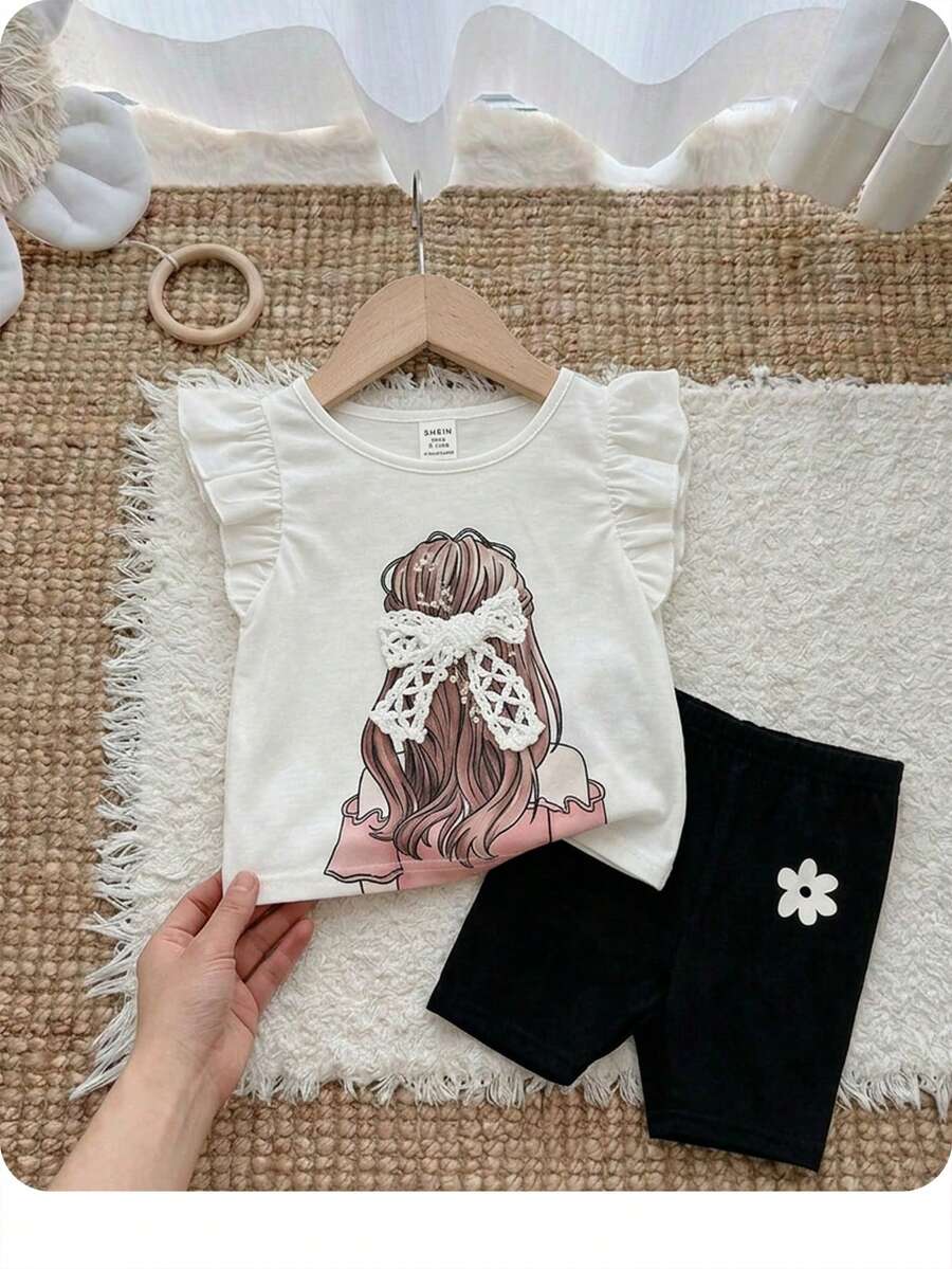 SHEIN [Random 3 Colors, Send 1 Piece]Babygirl Cute Bee And Floral Print Cap Sleeve Casual Top, Summer Toddler Flower Clothes Cute Tops Baby Clothes Girl Flounce Sleeve Baby Girl Summer Shirts Cute Toddler Tops - White - View 1