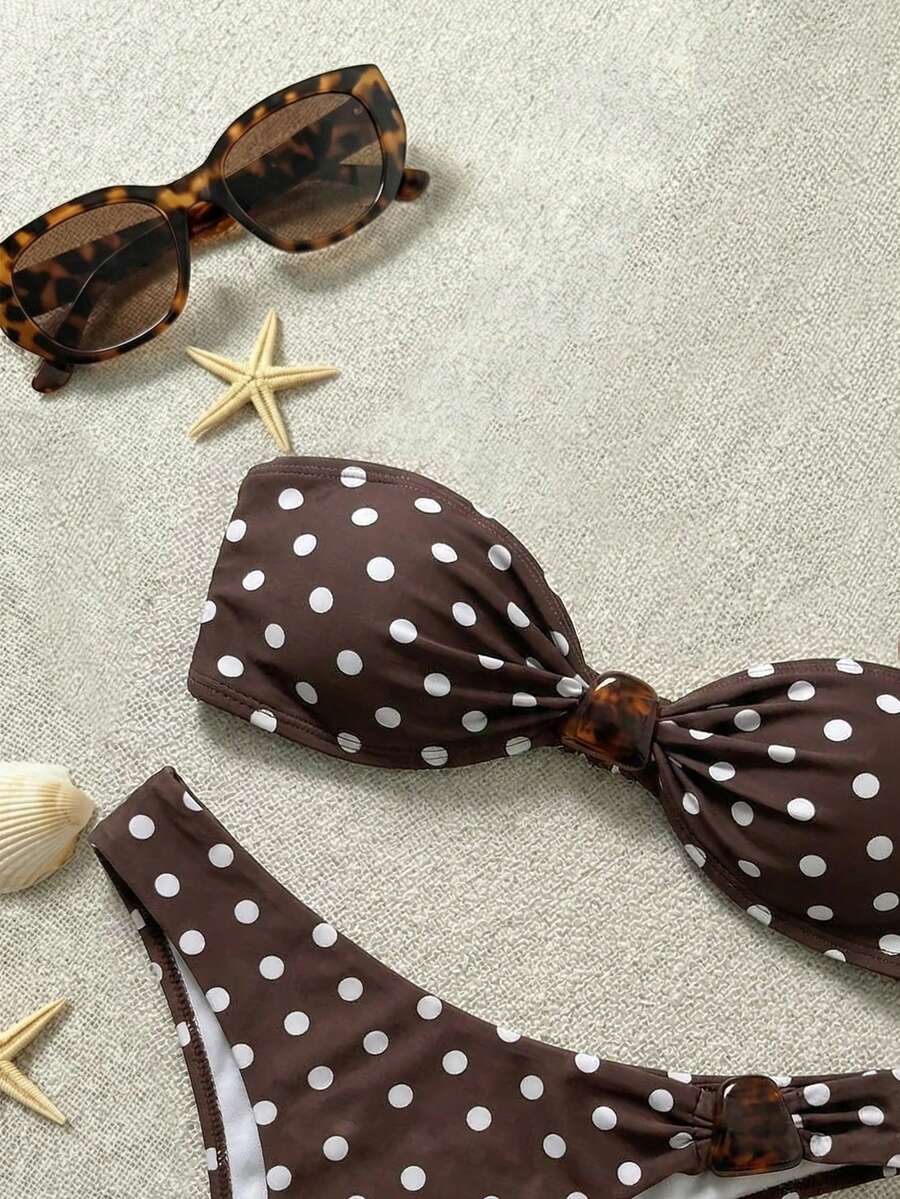 Bellisia 女士夏季沙滩波点印花抹胸性感比基尼泳衣套装 - 棕色 - 查看 1