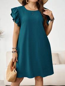 Rosumi Đầm hè dáng rộng, màu trơn, cổ tròn, tay ngắn, viền bèo nhún, cỡ lớn. - Màu xanh lam - Xem 6