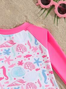 SHEIN Baby Girl Cartoon Print Ruffle Zipper Long Sleeve Cute Stretch Contrast Color One-Piece Swimsuit, Suitable For Beach Holiday Swimming - Multicolor - View 4