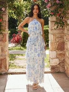 KARISMINA 女士春夏时尚休闲优雅日常浪漫度假柔软多层印花露背蓝色连衣裙，婚礼宾客礼服 - 藍白色 - 查看 1