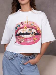 juhmazzocco Women's Fall Streetwear Daily Wear Vintage Y2K Going Out Hip-Hop Casual Oversized  Crop  Lips Graphic Tee - White - View 4