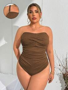 SHEIN Swim Curve Plus Size Women's Solid Color Spaghetti Strap Spaghetti Strap One-Piece Casual Swimsuit, Vacation Fashion - Brown - View 1