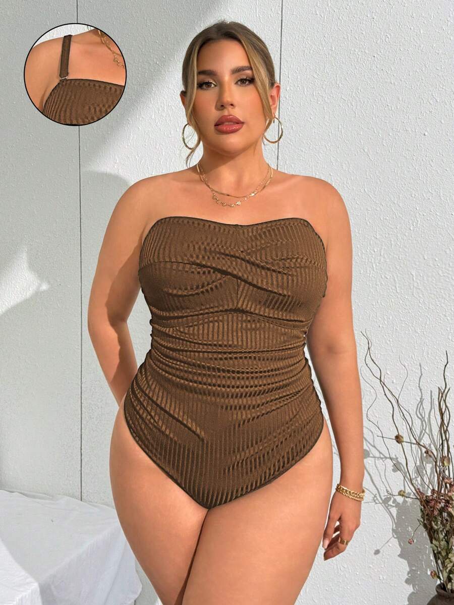 SHEIN Swim Curve Plus Size Women's Solid Color Spaghetti Strap Spaghetti Strap One-Piece Casual Swimsuit, Vacation Fashion - Brown - View 1