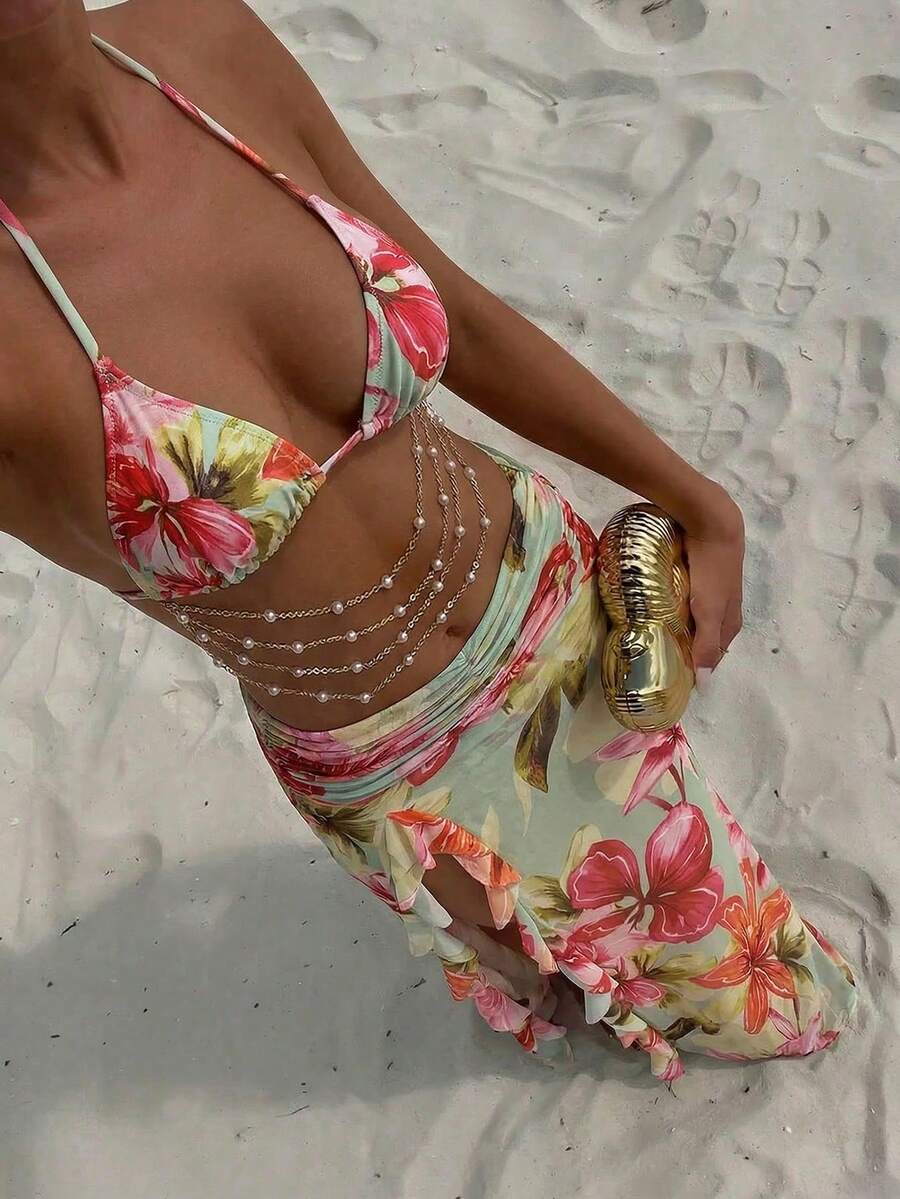 Bonvoyette Bộ bikini và váy nhiều mảnh ôm sát tôn dáng dành cho nữ, thích hợp cho mùa hè, họa tiết nhiệt đới, thời thượng, đi du lịch biển, tiệc tùng, trà chiều. Bộ bikini dài đến eo, xếp ly, bèo nhún, phối hợp, phong cách bãi biển, kỳ nghỉ lãng mạn, giúp thon gọn vóc dáng. - Nhiều màu - Xem 1