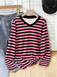 Tween Girls Black & Pink Striped V-Neck Short Sleeve T-Shirt, Suitable For Spring & Summer, Graphic Tee, Casual & Comfortable, Family Outing Season, Elegant Wear, Back To School Essential, Home Refresh, Effortless Sports, Basic Style, Daily Kids Fashion - Multicolor - View 1