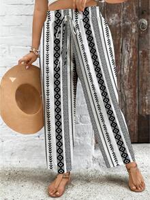 SHEIN VCAY Pantalones sueltos con cintura anudada y estampado geométrico para mujer de talla grande - Blanco y Negro - Ver 3