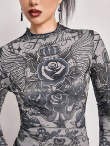 ROMWE Avant Blusa feminina Y2K Millennium Vintage com estampa de caveira e rosa, estilo tatuagem, em tela por toda a peça. - Multicolorido - Ver 3