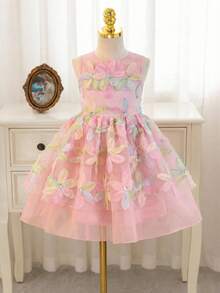 SHEIN Young Girl Elegant 3D Floral Organza Patchwork Bow Round Neck Sleeveless Princess Dress - Pink - View 11