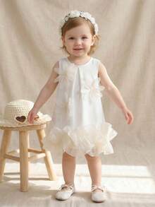 SHEIN Elladie kids Baby Girls' Elegant Floral Mesh Ruffle Hem Sleeveless Dress, Minimalist Fashion For Spring & Summer - Apricot - View 7