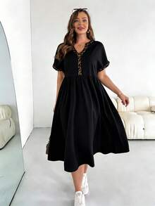 SHEIN Essnce Đầm ngắn tay màu đen họa tiết da báo thanh lịch dành cho nữ cỡ lớn, thích hợp cho mùa xuân và mùa hè. - Nhiều màu - Xem 4