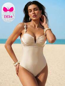 Swim DD+ 新款纯色V领钢圈连体泳衣 - 米色 - 查看 4
