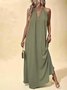 Balvessa 女士海滩夏季简约纯色锁眼领口露背吊带连衣裙长款度假海滩装 - 綠色 - 查看 4