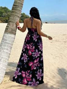 Sunnyshic Spring/Summer Fashion Vacation Elegant Floral Print Elastic Knit Halter Neck Tie Camisole Paired With A-Line Umbrella Maxi Skirt Sexy 2 Pieces Outfit, Backless Beach Women Outfits - Multicolor - View 2