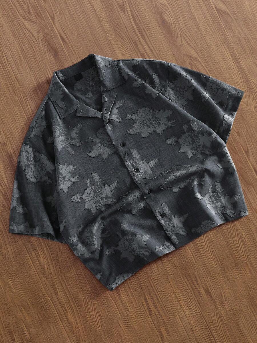 TOKVUE 夏季度假及海滩之旅年轻休闲风格纹理镂空花卉短款衬衫，提花纹理，宽松廓形，深灰色男士度假衬衫，送给男友的理想礼物，夏季必备单品。 - 灰色 - 查看 1