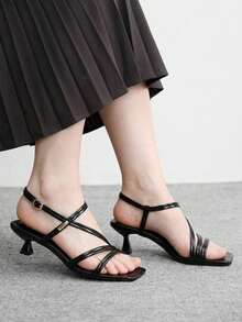 CUCCOO BIZCHIC Giày sandal nữ mùa xuân hè mới màu đen có khóa kim loại, mũi vuông, hở mũi, cao gót, gót mỏng kiểu Pháp, phối cùng váy. - màu đen - Xem 8