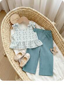 SHEIN Bộ đồ bé gái đi nghỉ mát dễ thương gồm áo hai dây và quần cạp chun. - màu xanh lá - Xem 9