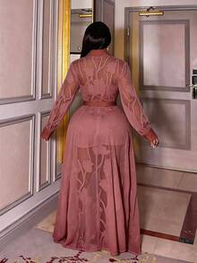 Maweii Plus Size Women Mesh Patchwork Twist Waist Elegant Party Dress - Redwood - View 2