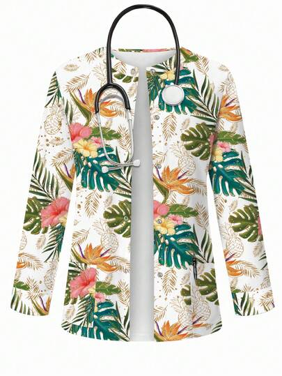 PopScrub Tropical Plant Print Scrub Jacket, Spring/Summer Fashion Cardigan With Hanging Earrings Design For Nurse Scrub Uniform, Botanical Pattern White Top For Beach Resort & Casual Wear
