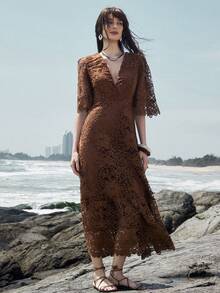 Aveloria Modichic Water-Soluble Embroidered V-Neck Flared Sleeve Mini Dress - Brown - View 5