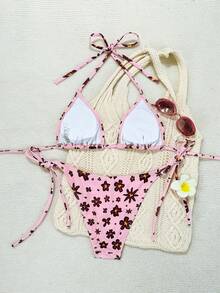 Swim Mod Bộ bikini hai mảnh buộc dây bên hông, họa tiết chấm bi trắng ngẫu nhiên, nền đen, dễ thương dành cho nữ, mùa Xuân/Hè 2026, đồ bơi Zestiva, bikini hoa hồng, bộ bikini hoa, bikini buộc dây bên hông, bikini hoa hồng, bikini màu hồng, trang phục đi nghỉ mát cho nữ. - Nhiều màu - Xem 3