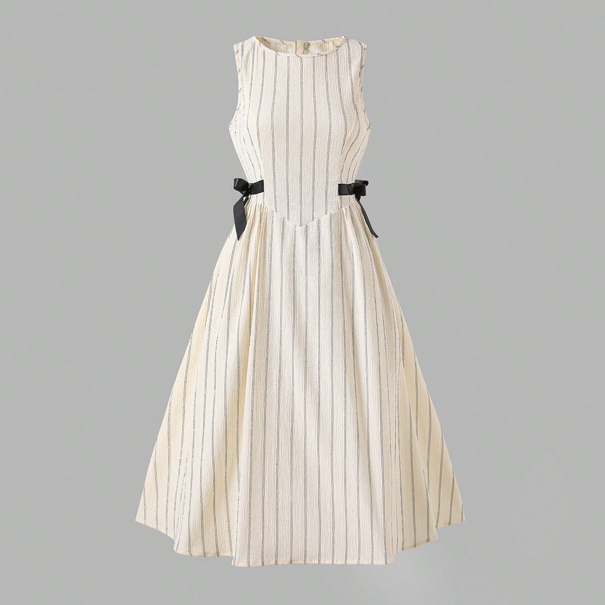 Vestido de verano de moda para adolescentes con estampado de rayas, contraste de color, decoración de lazo, sin mangas y cintura ceñida