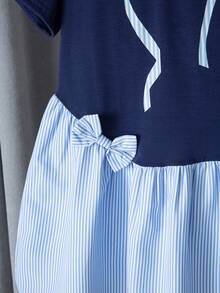 Young Girl Patchwork Striped Bow Decor Short Sleeve Cute Dress - Blue - View 6
