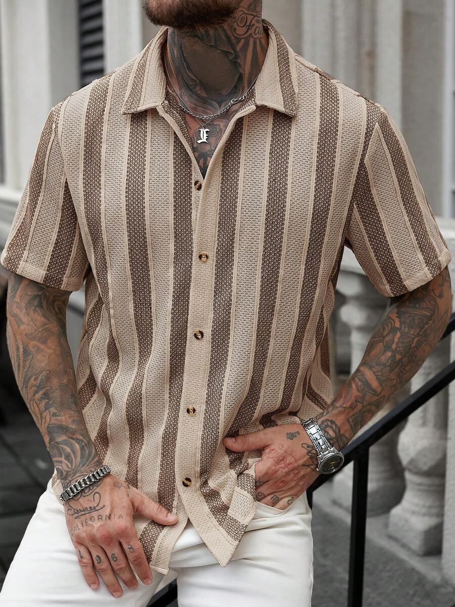 Manfinity CasualCool Áo Polo nam dệt sọc kiểu dáng thường ngày - Màu Khaki - Xem 1