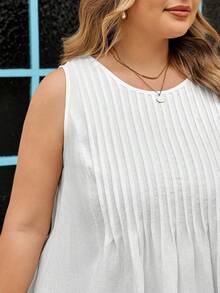 SHEIN CURVE+ 大码女式休闲褶皱无袖白色纯棉上衣 - 白色 - 查看 4