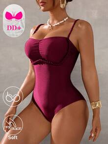 Swim DD+ Women's Summer Vacation Beach Patchwork Bandeau Ruched One-Piece Swimsuit - Burgundy - View 4