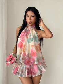 SHEIN PETITE Đầm ngắn màu vàng nhạt thanh lịch dành cho nữ, kiểu cổ yếm, buộc dây, thích hợp cho mùa hè, đi nghỉ mát, họa tiết hoa. - Nhiều màu - Xem 6