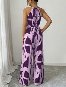 Elenzga Mono de mujer con cintura ceñida y estampado de tela, elegante para vacaciones y uso diario - Morado - Ver 2