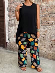Breezaya Damen Große Größen Set aus asymmetrischem Top und Ginkgo Blatt Muster Hose, modisches minimalistisches lässiges retro elegantes Urlaubsoutfit - Schwarz - Übersicht 7