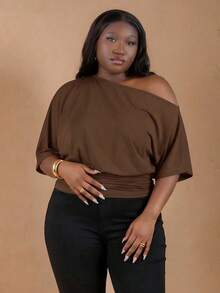 Black Casual Slash Shoulder Asymmetrical T-Shirt, Versatile For Daily Wear, Dating, Afternoon Tea, Hanging Out With Friends, All-Matching Occasions One Shoulder Top Plus - Brown - View 4