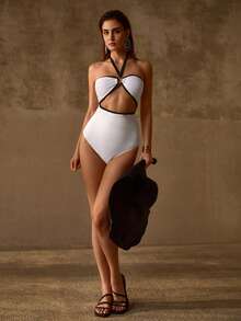MOTF PREMIUM CONTRAST BINDING O-RING CUTOUT FRONT HALTER ONE-PIECE SWIMSUIT - White - View 5