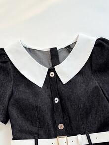 Teen Girl Denim Snug Fit Dress,Dark Blue,Autumn,Cute,Graduation,Back-To-School Washed Pleated Hem Design With Belt Contrast Color Shirt Collar Dress - Blue - View 5